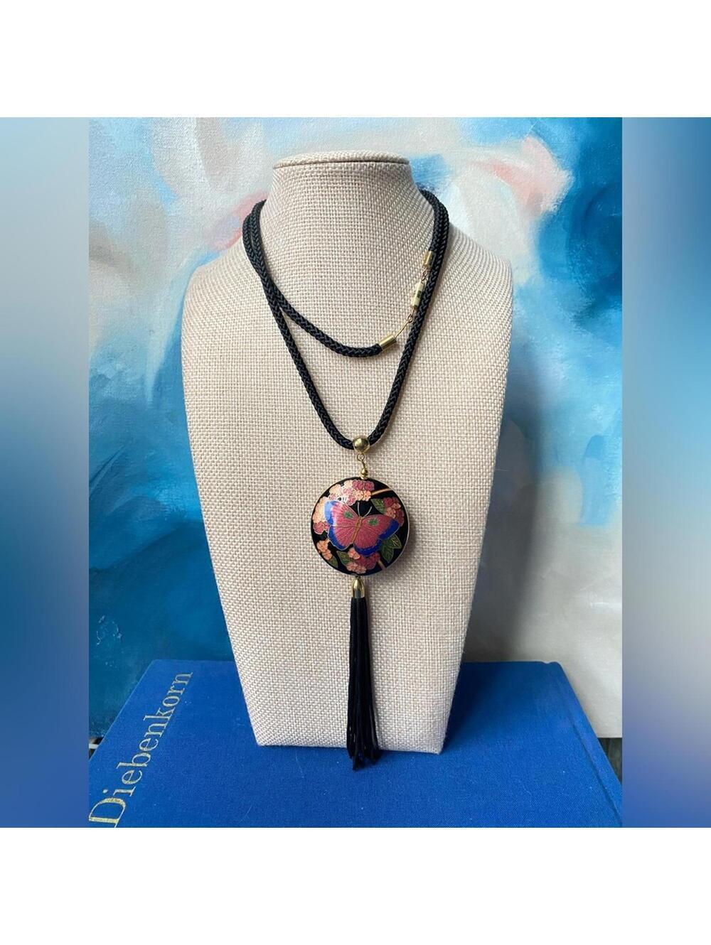 Vintage Cloisonné Butterfly Pendant Tassel Necklace 70s 80s